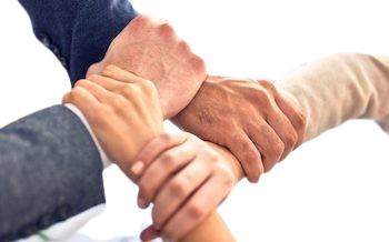 Vier Hände, die aus je unterschiedlichen Richtungen kommen und sich gegenseitig halten, sodass Zusammenarbeit und Stärke symbolisiert wird